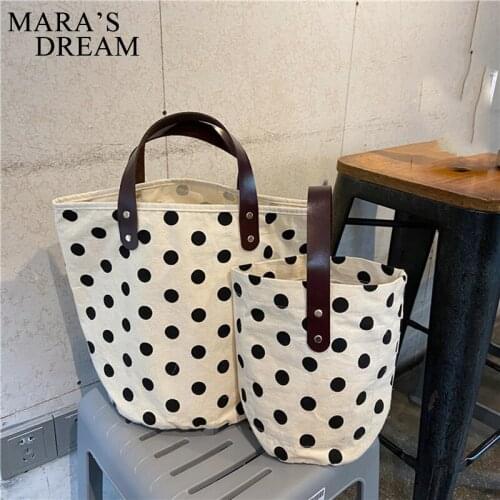 Maras Dream French Retro Dot Women Canvas Handbags Fashion Smiley Ladies Picnic Bucket Bag Reusable Portable Lunch Box Bags