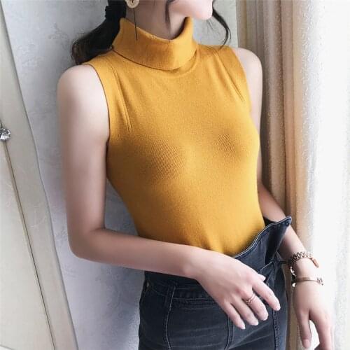 Knitted Tank Tops Women Sleeveless T Shirt Autumn Winter Turtleneck Pullovers T-shirt Tee Shirt Femme Tshirt Solid Knitwear