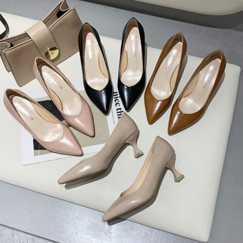 High heels womens 2020 spring style Korean style pointed toe shallow mouth fashion Square heel Artificial Leather
