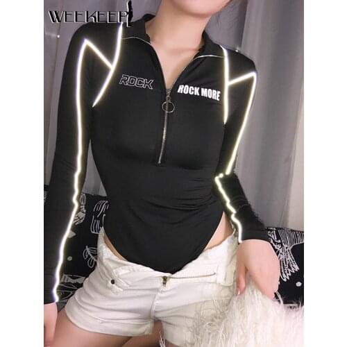 Weekeep Reflective Letter Print Long Sleeve Bodysuit Bodycon Zipper Turtleneck Rompers Womens Bodysuits
