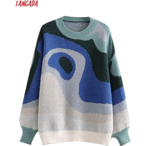 Tangada Women 2021 High Street Knitted Sweater Jumper O Neck Female Elegant Oversize Pullovers Chic Tops QW74