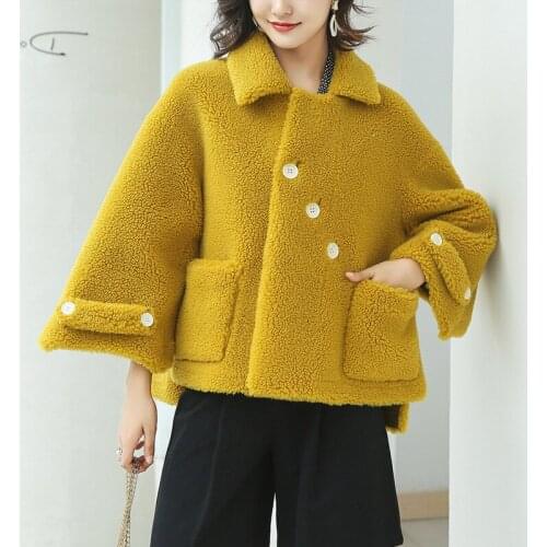 Winter Women High Quality real lambswool Fur OverCoats Luxury Short casual Thick Warm Plus Size Female 2019 yellow free ship