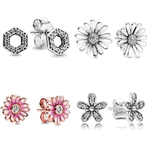 Bewill Spring Pink Daisy Flower Square Sparkle Honeycomb Hexagon Earring 925 Sterling Silver Earring Studs For Women Gift