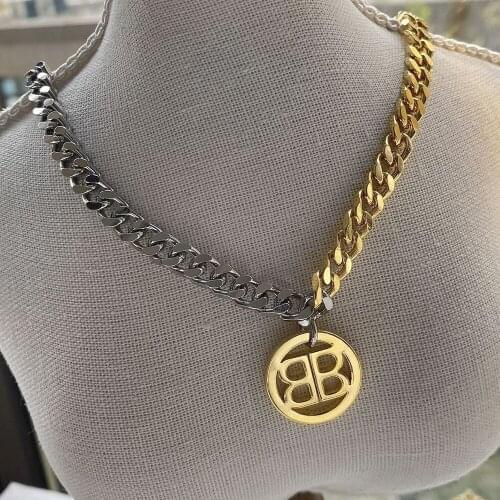 High Quality Thick Chain Style Gold Silver Color Contrast B Letter Design Round Pendant Necklace For Men Women Steel Jewelry