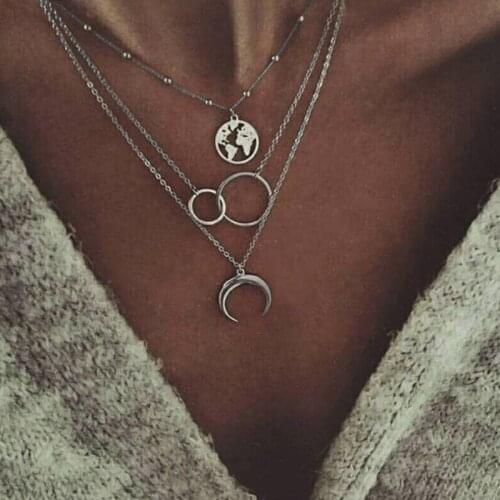 Trendy Multi-Layer Moon World Map Pendant Necklaces For Women Charm Chain Necklaces New Fashion Jewelry Gifts Free Shipping