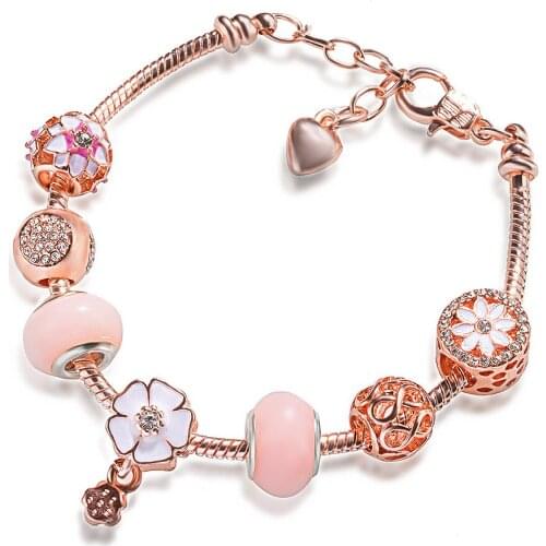 DIY Pandora Special Fashion Pink Flower Clover Large Hole Pearl Snake Bone Bracelet Love Womens Bracelet