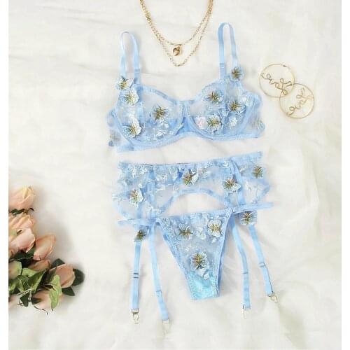 3Pcs Underwear Women Set Floral Embroidery Sexy Lingerie Mesh Perspective Bralette Bra Lingerie Set Hot Erotic Garter Brief Sets