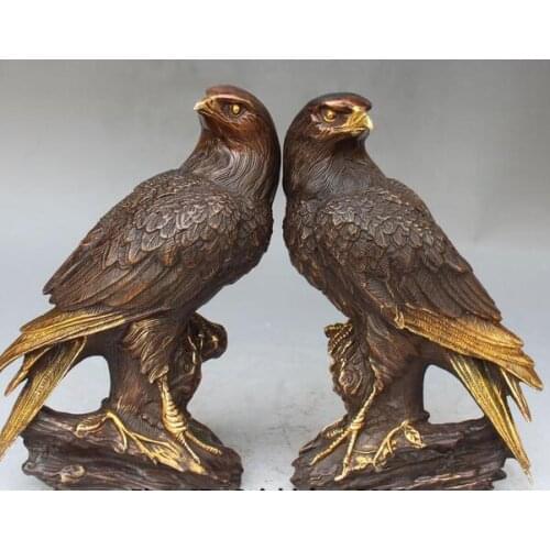 Copper Brass CHINESE crafts decoration Asian 10" Marked Chinese Bronze Gilt Carving Parrot Bird Eagle Tree Pair Sculpture