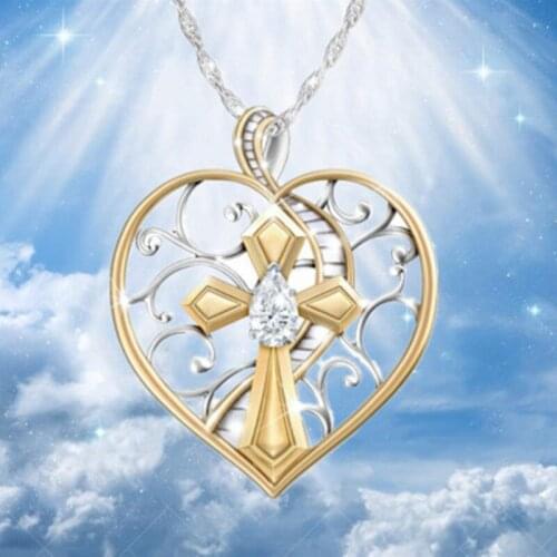 Fashion Jewelry Faith Accessories Heaven Ladder Two-color Heart Pendant Cross Necklace