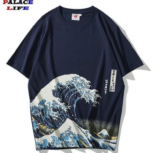 2021 Hip Hop Men Streetwear T Shirt Great Wave Ukiyoe Print T-Shirt Harajuku Cotton Casual Short Sleeve Tshirt Summer Shirt