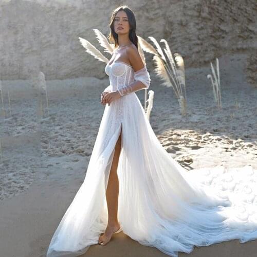 Soft Beach Wedding Dress Detachable Sleeve Sweetheart Neck Bridal Gowns High Side Split Wedding Gowns Vestido De Noiva