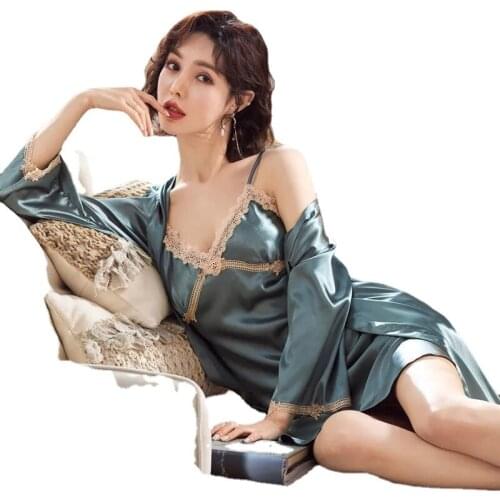 4011-b5Pajamas Set Silk Satin Womens Lace Nightwear Spring Strap Pyjamas Suit Female Lounge Sleepwear with Home Wear