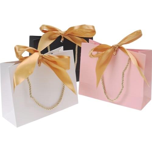 Gift Bags With Handles Paper Party Favor Handbag Bow Ribbon Jewelry Packing Birthday Wedding Graduation Celebration Present Wrap