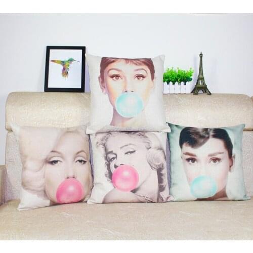 Hepburn pillow cover, creative cartoon Hepburn Monroe Bubble blowing throw pillow case pillowcase wholesale