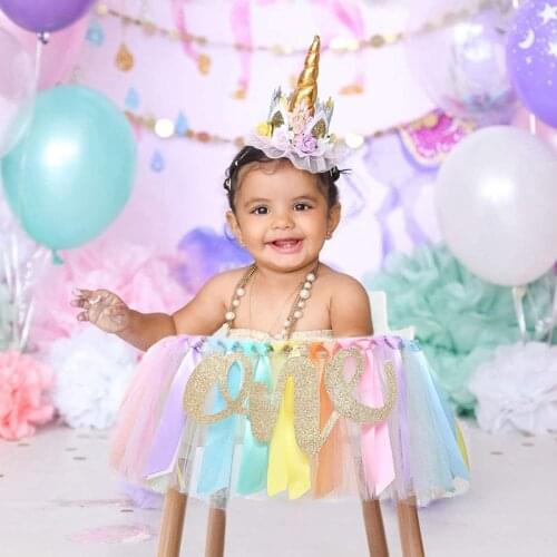 Girls 1St Birthday Party High Chair Tutu Skirt Garland Baby Shower Decoration Highchair Colorful Rainbow Tutu Banner Photo Prop