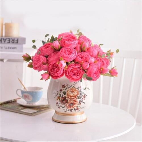 30cm Rose Pink Silk Peony Artificial Flowers Bouquet 5 Big Head and 4 Bud Cheap Fake Flowers for Home Wedding Decoration indoor