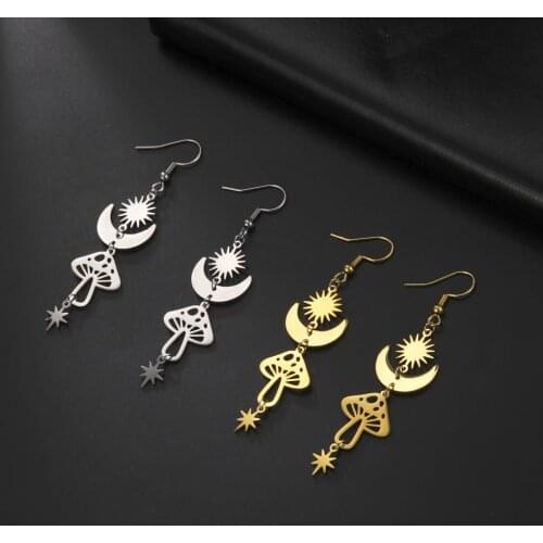 Skyrim Fashion Star Sun Crescent Moon Mushroom Dangle Earrings for Women Girls Stainless Steel Jewelry Cute Earrings Wholesale