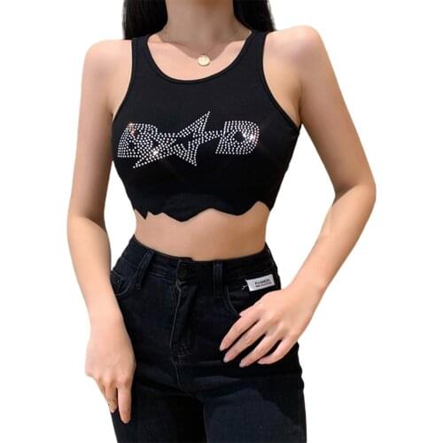 Womens Rhinestone Tank Tops, Trendy Sleeveless Round Neck Slim Fit Rib Knit Crop Tops