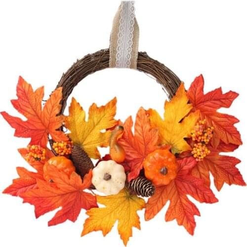 Thanksgiving Rattan Wreath Garland With Artificial Maple Leaves Pumpkins And Berries Front Door Window Holiday Decor Your Lovers