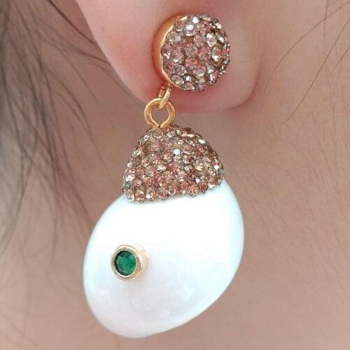 YYGEM 20x32MM Natural White Shell Screw shape Champagne Cz pave Dangle Stud Earrings Vintage Earrings