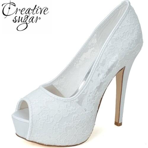 Creativesugar Soft lace see through platform high heels woman open toe wedding party prom evening banquet shoes pink white black