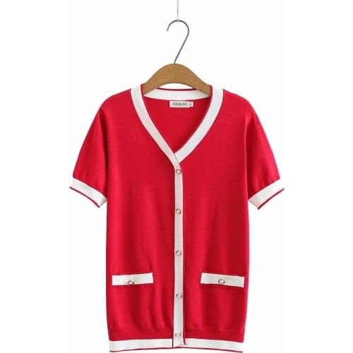 Plus size V neck Color contrast knitted women tshirts 2021 new summer casual ladies t shirts female tops t-shirts red black