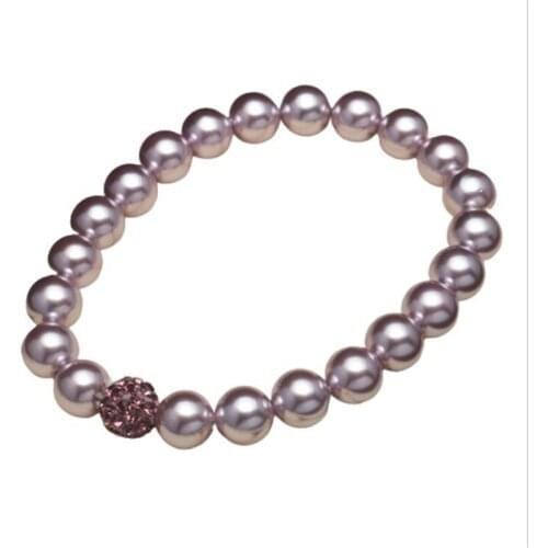 Natural Shell Pearl Bracelets Bangles 8/10mm Beads White Purple For Women with White Clay Zircon Ball Elasticity Jewelry Gift