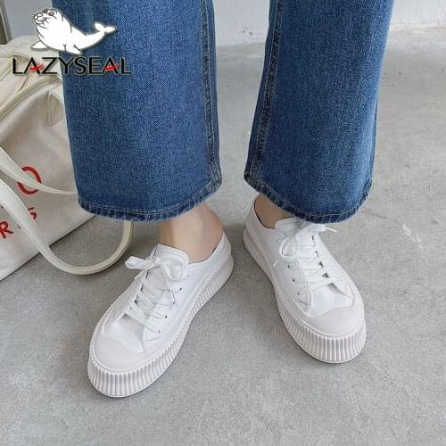 Lazyseal Leather Platform White Women Shoes Slip On Lace Up Rubber Light Shoes Round Toe Casual Loafers Half Slipper For Women