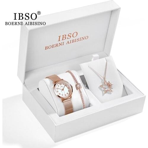 IBSO Women Watch Gift Set Crystal Design Bracelet Necklace Quartz Watch Sets Female Jewelry Set Fashion Rose Gold Set Watch