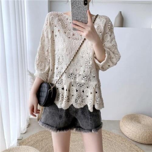 Woman Sweaters Pullover Summer Lace Embroidered Ruffled Womens Crocheted Hollow Top Femme Chandails