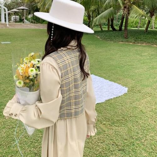 Womens 2021 French Plaid vest dress womens slim waist shirt skirt two piece set