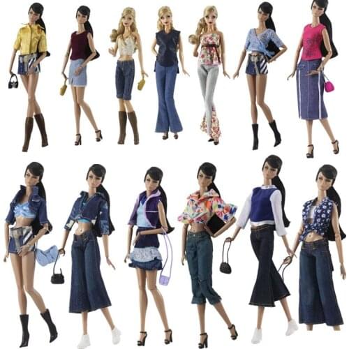 1/6 Fashion Jeans Style Clothes for Barbie Doll Clothes Set Coat Vest Skirt Pants Trousers Handbag 11.5" BJD Doll Accessory Toys