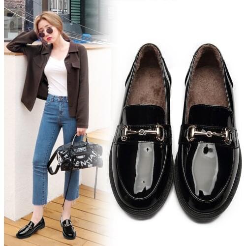 2019 Fashion Winter Leather Slip on Oxford Shoes Woman Flats Loafers Mocasines Heels Plush Furry Fur Shoe for Women Plus Velvet