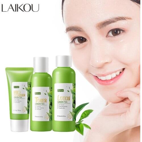 3Pcs Green Tea Skin Care Sets Natural Plant Essence Gentle Cleanser Moisturizing Lotion Nourishing Toner Oil-Control Anti-Aging
