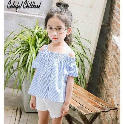 Childrens T Shirt Short Sleeve blue stripe sling shirts fashion off the shoulder t shirt kids for Girls casual Clothes