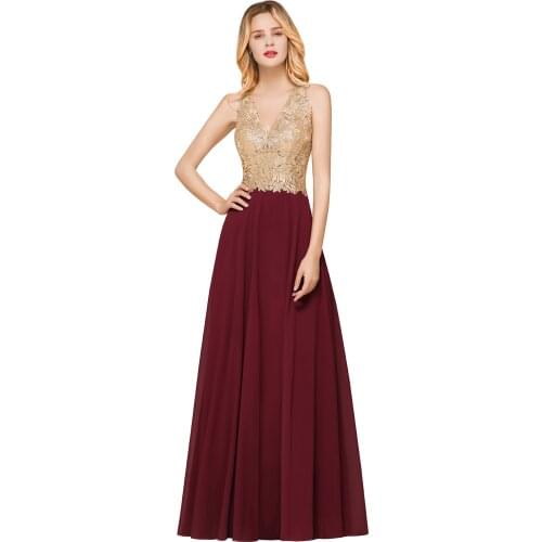Real Photo Burgundy Long A Line Evening Dresses 2020 Sheer Back Gold Applique Evening Gown Formal Dress Prom robe de soiree