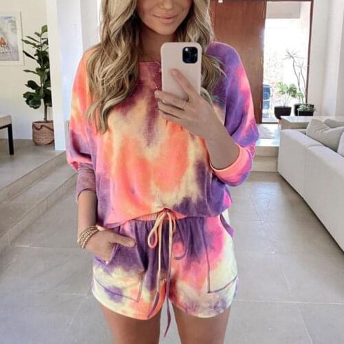 Women Tie Dye Loungewear 2 Piece Set O-neck Long Sleeve Sweatshirt Drawstring Shorts Suits Fluorescent Tracksuits Sets Ladies