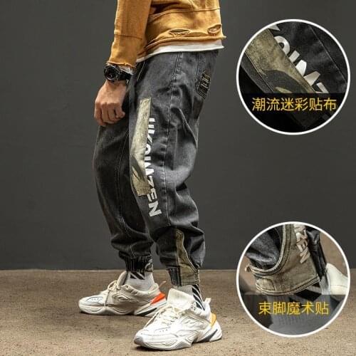 Jeans men spring/summer retro patchwork camo pants men loose ankle-tied pants multi-pocket jogger cargo pants elastic waist 5xl