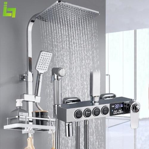 Chrome Display Thermostatic Shower Faucet Set Rainfall Bathtub Tap With Bathroom Shelf Water Flow Produces Electricity