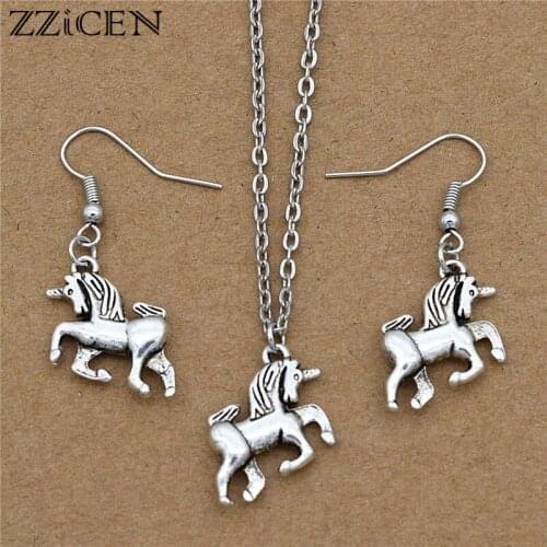 Personality Lucky Unicorn Jewlery Sets for Girls Womens Fashion Cute Horse Unicorn Charm Drop Earrings Pendant Necklace Sets