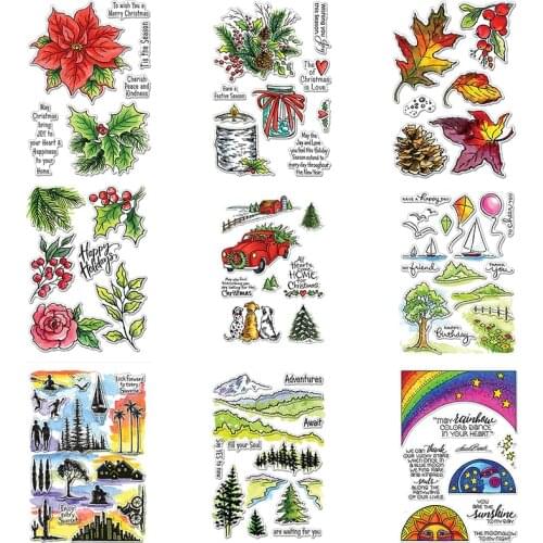 Maple Leaf Holly Pine Cones Rose Clear Transparent Stamps Countryside Lane Trees Mountains Sunset View Wishes Words 4*6 inch #19