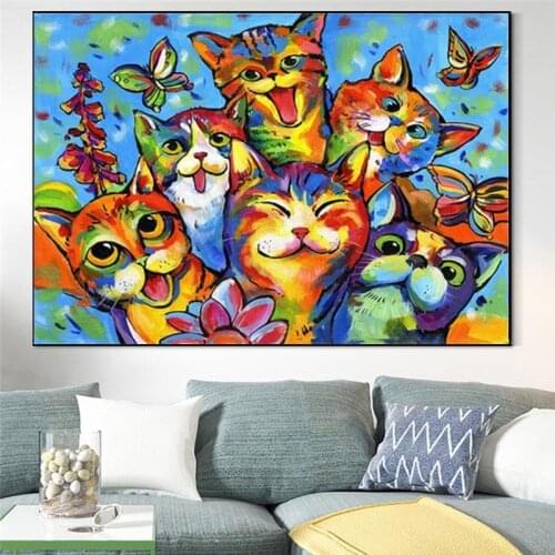 Colorful Cat Oil Painting Canvas Art Abstract Painting Wall Art Animal Print Poster Canvas Pictures Living Room Decor Cuadros