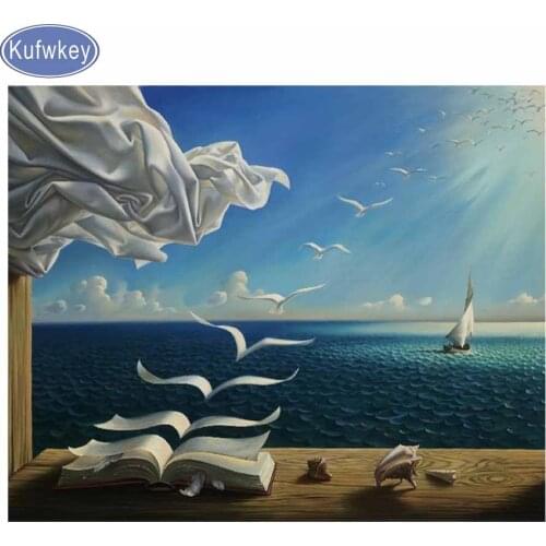 Kufwkey Diamond Embroidery fantasy art nature painting sunlight books birds flying surreal Diamond Painting full square round 5d