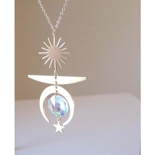 Mystical Magical Sun Moon Stars Crystal Rainbow Pendant Necklace,Boho Style,Gift for Her