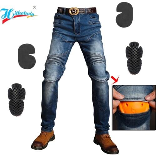 Hithotwin Hi-718 Motorcycle Riding Pants Moto Jeans Protective Pants Motocross Racing Denim Jeans zipper with 4 Knee Hip Pads