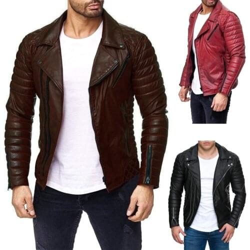 Mens Cool Motorcycle Leather Jackets Mens Slim Faux Leather Zipper Jackets Coats Plus Size