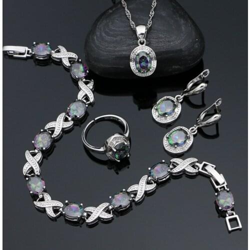 925 Sterling Silver Bridal Jewelry Set Mysterious Rainbow Cubic Zirconia Earrings Ring Pendant Chain Bracelet