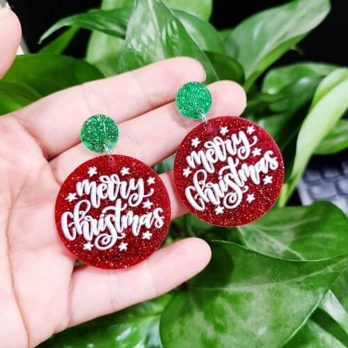 2021 New Christmas Round Glittering Pink Earrings For Women Letters Acrylic Cut Red Exaggerated Earrings party accessories