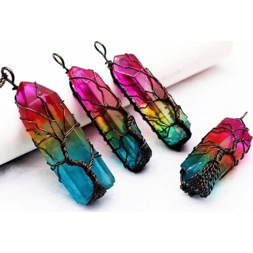 Dyed Green Colorful White Crystal Pillar Pendants Handmade Antique Copper Wire Wrapped Tree of Life for Necklace Jewelry