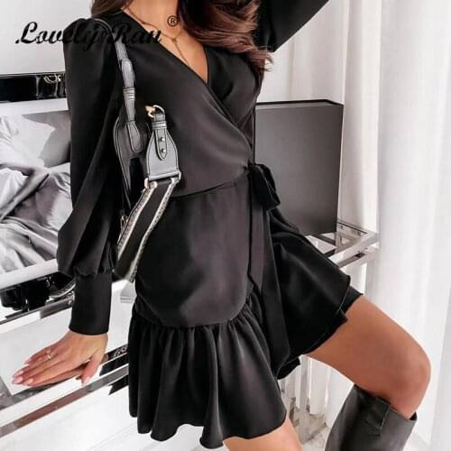 Printed Ruffle Women Mini Dress Long Lantern Sleeve Lace Up V-Neck A-Line Female Dresses 2021 Spring Elegant Ladies Vestidos